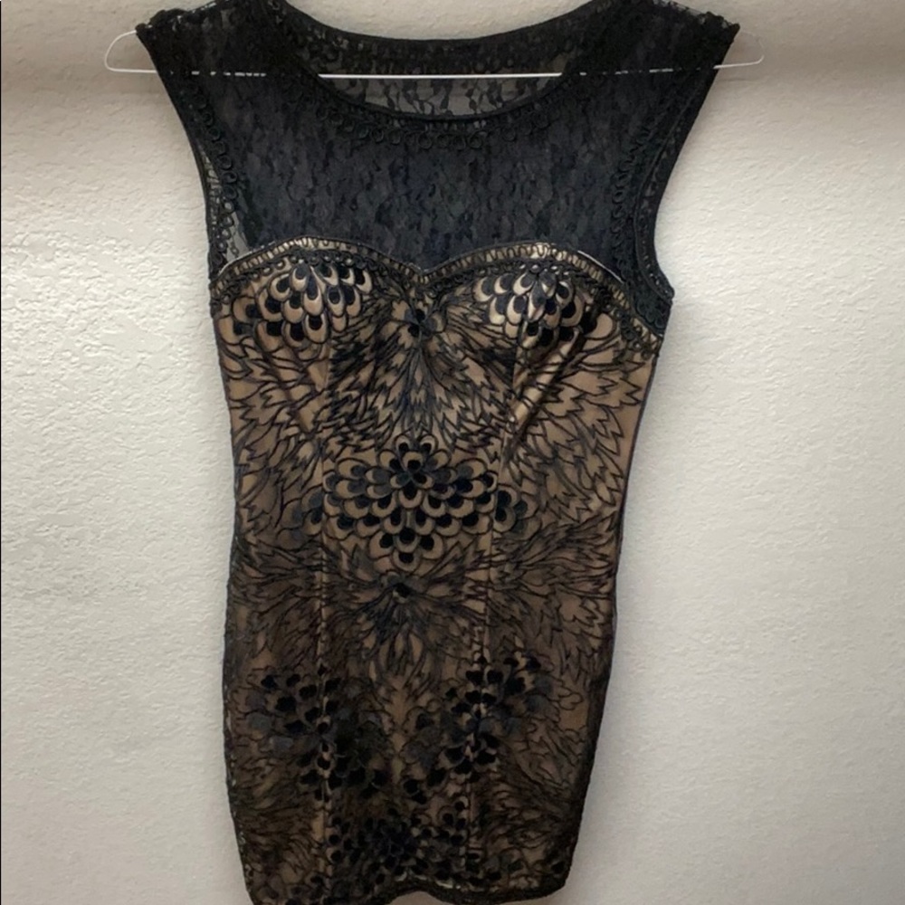 Sue Wong Embroidered Black & Gold Lace Dress